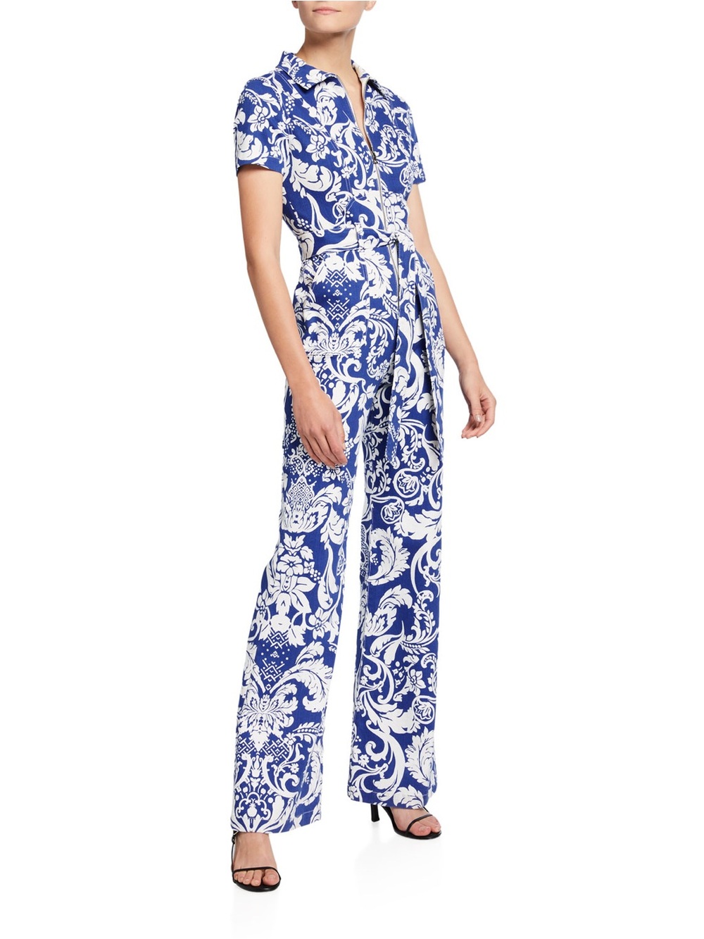Alice & Olivia Blue & White Printed Short-Sleeve Jumpsuit